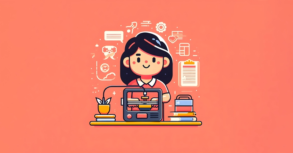 Illustration of a girl exploring creative 3D printing ideas, surrounded by books, coffee, and digital icons on a pink background.