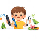 Illustration of a smiling child holding three Kid-Safe 3D Pens, surrounded by 3D-printed creations including a rocket, a dinosaur, a bow, and colorful rings.