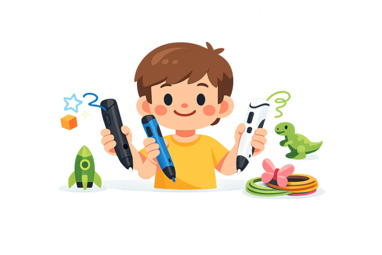Illustration of a smiling child holding three Kid-Safe 3D Pens, surrounded by 3D-printed creations including a rocket, a dinosaur, a bow, and colorful rings.