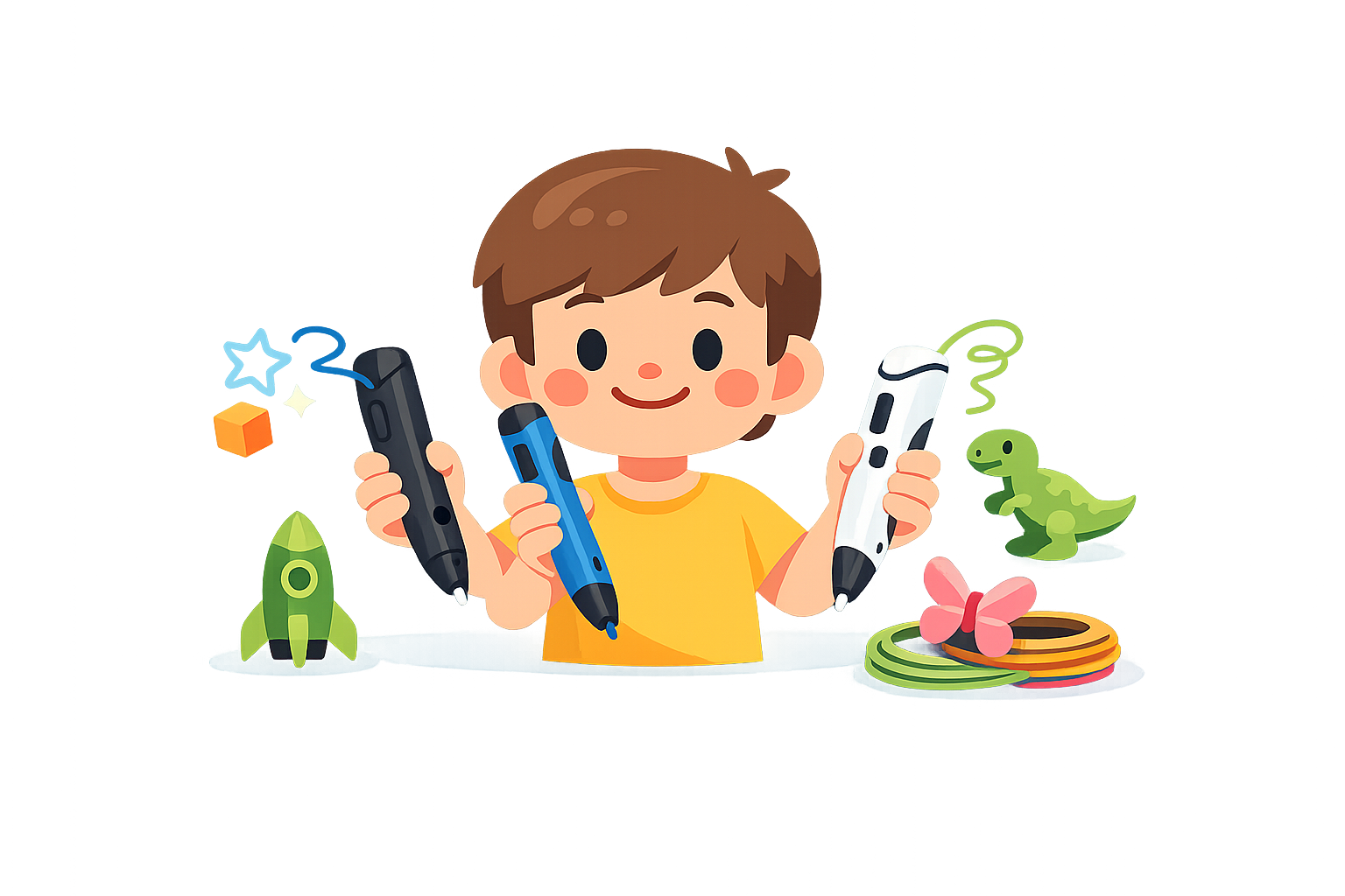 Illustration of a smiling child holding three Kid-Safe 3D Pens, surrounded by 3D-printed creations including a rocket, a dinosaur, a bow, and colorful rings.