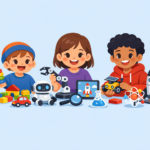 Three children sit together, smiling, surrounded by age-based STEM toys including a robot, magnifying glass, rocket, beaker, building blocks, and a tablet displaying a rocket.