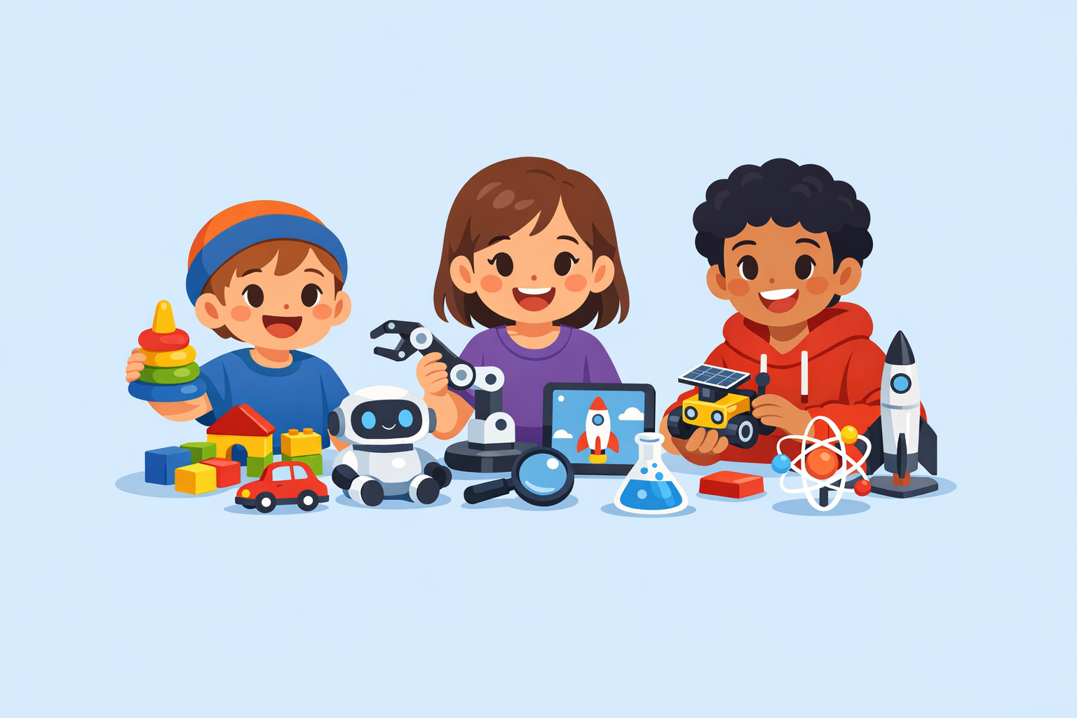 Three children sit together, smiling, surrounded by age-based STEM toys including a robot, magnifying glass, rocket, beaker, building blocks, and a tablet displaying a rocket.