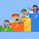 Four children engage in STEM learning on ascending colorful blocks, using science kits, a tablet, a laptop with a robot, and a telescope, against a blue background.