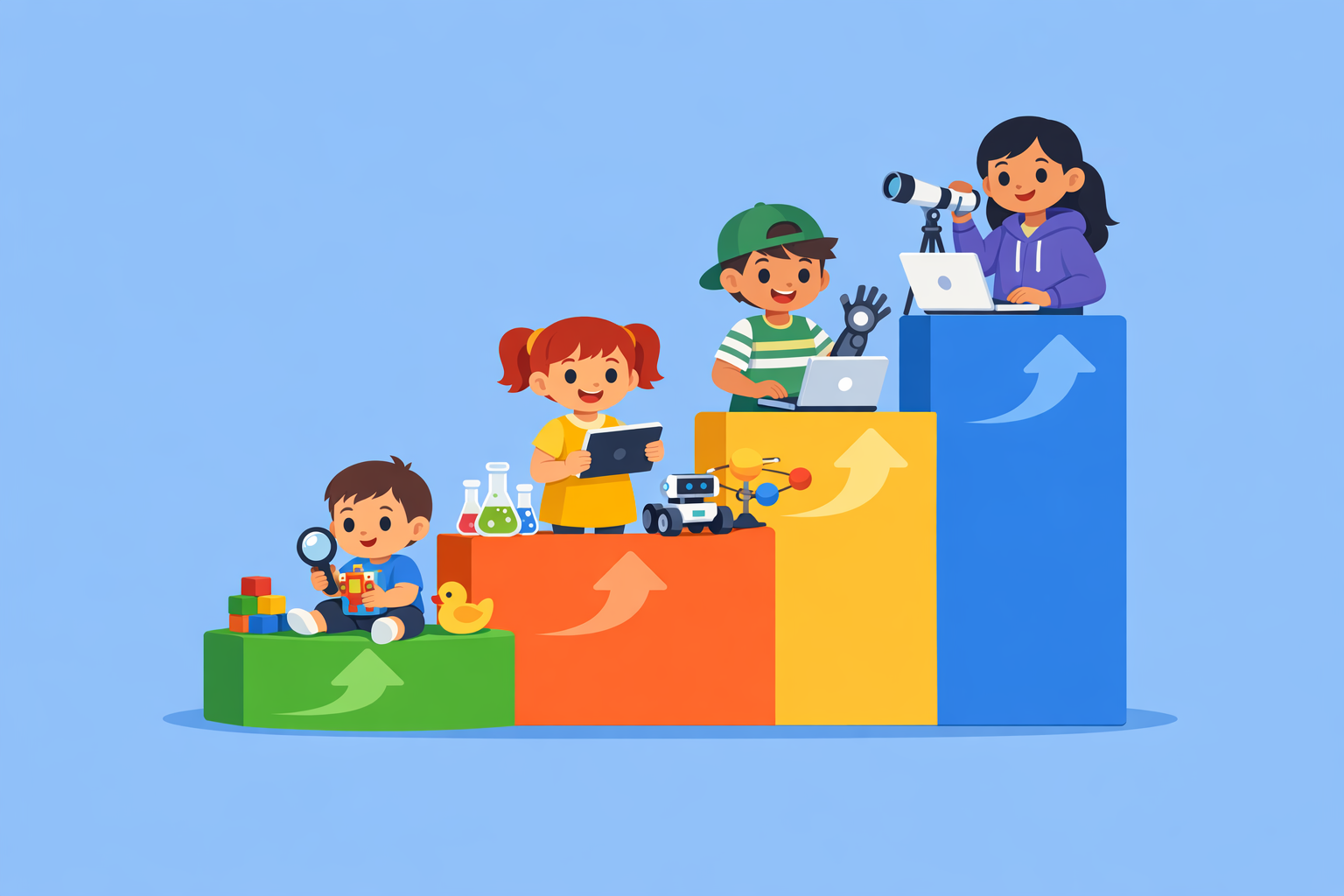 Four children engage in STEM learning on ascending colorful blocks, using science kits, a tablet, a laptop with a robot, and a telescope, against a blue background.