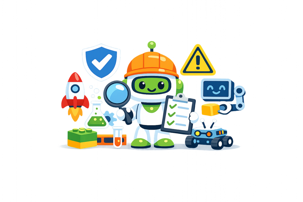 Cartoon robots conducting science experiments and safety checks, surrounded by lab equipment, a rocket, warning signs, and a checklist to ensure STEM toy safety.