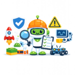 Cartoon robots conducting science experiments and safety checks, surrounded by lab equipment, a rocket, warning signs, and a checklist to ensure STEM toy safety.