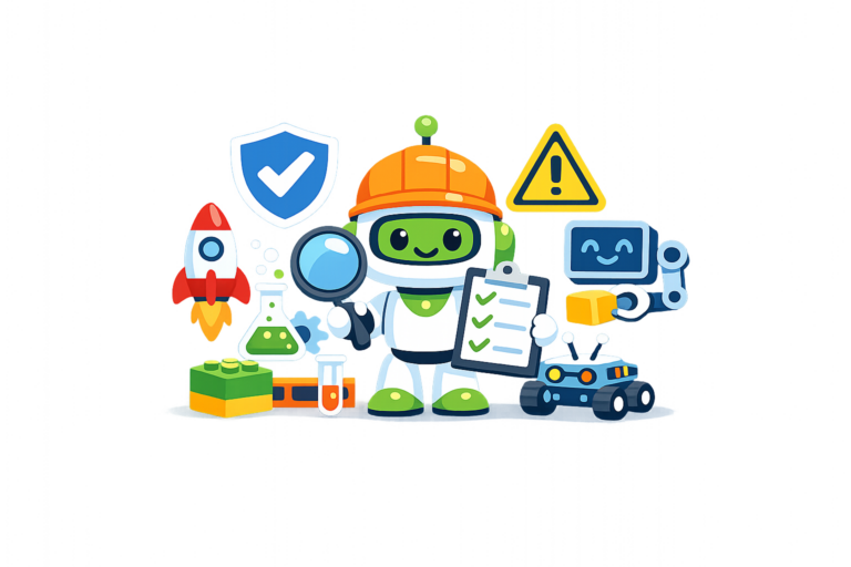 Cartoon robots conducting science experiments and safety checks, surrounded by lab equipment, a rocket, warning signs, and a checklist to ensure STEM toy safety.