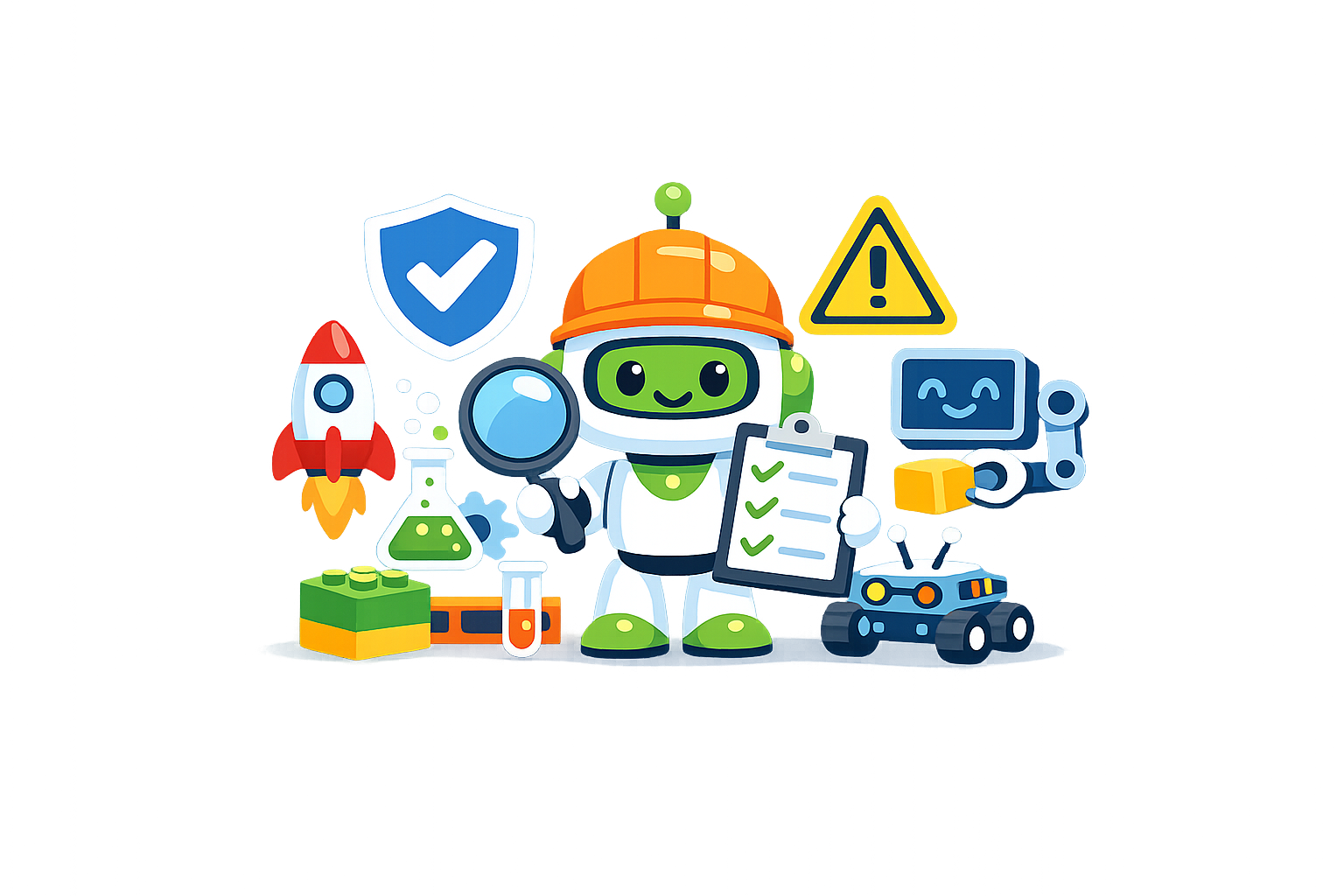 Cartoon robots conducting science experiments and safety checks, surrounded by lab equipment, a rocket, warning signs, and a checklist to ensure STEM toy safety.