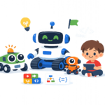A boy sits with a tablet next to three colorful coding robots for kids, coding blocks, and a lightbulb icon, suggesting learning or programming with robots.