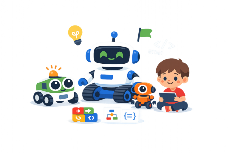 A boy sits with a tablet next to three colorful coding robots for kids, coding blocks, and a lightbulb icon, suggesting learning or programming with robots.