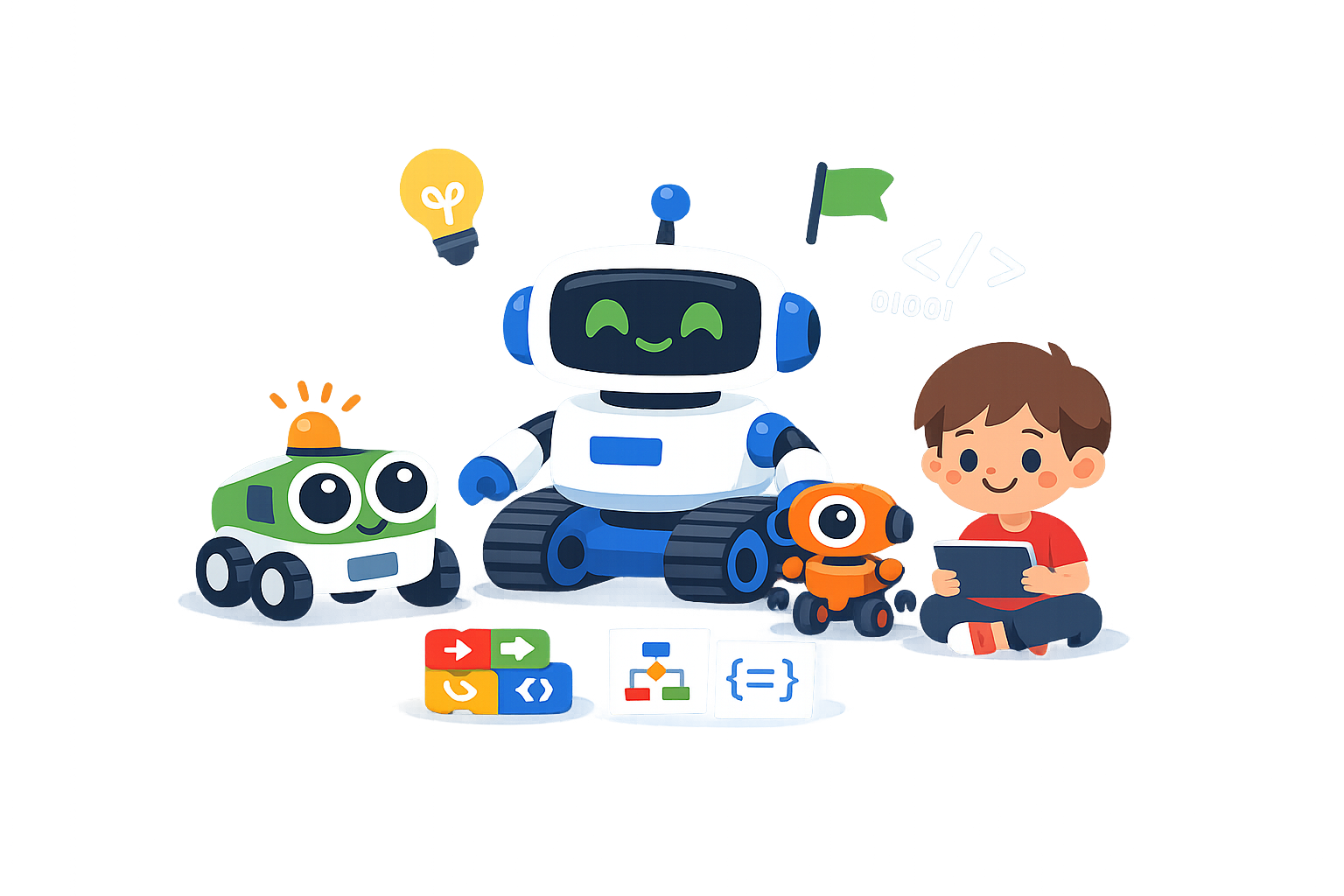 A boy sits with a tablet next to three colorful coding robots for kids, coding blocks, and a lightbulb icon, suggesting learning or programming with robots.