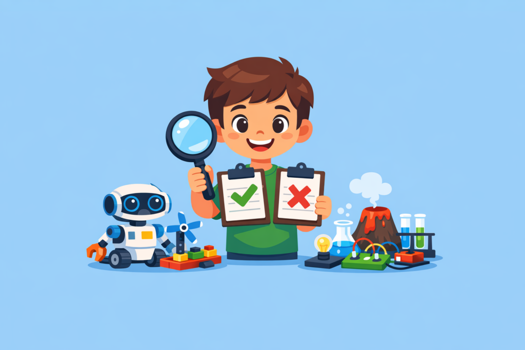 A boy holds a magnifying glass and two clipboards, with STEM toys, science experiment models, and lab equipment on the table in front of him—perfect for kids who love hands-on learning and reviews of fun activities.