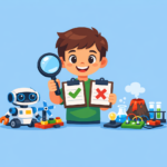 A boy holds a magnifying glass and two clipboards, with STEM toys, science experiment models, and lab equipment on the table in front of him—perfect for kids who love hands-on learning and reviews of fun activities.