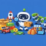 A cartoon robot holding a magnifying glass and box is surrounded by STEM toys, including a rocket, dinosaur, microscope, test tubes, and gadgets on a blue background—perfect inspiration for kids' subscription boxes.