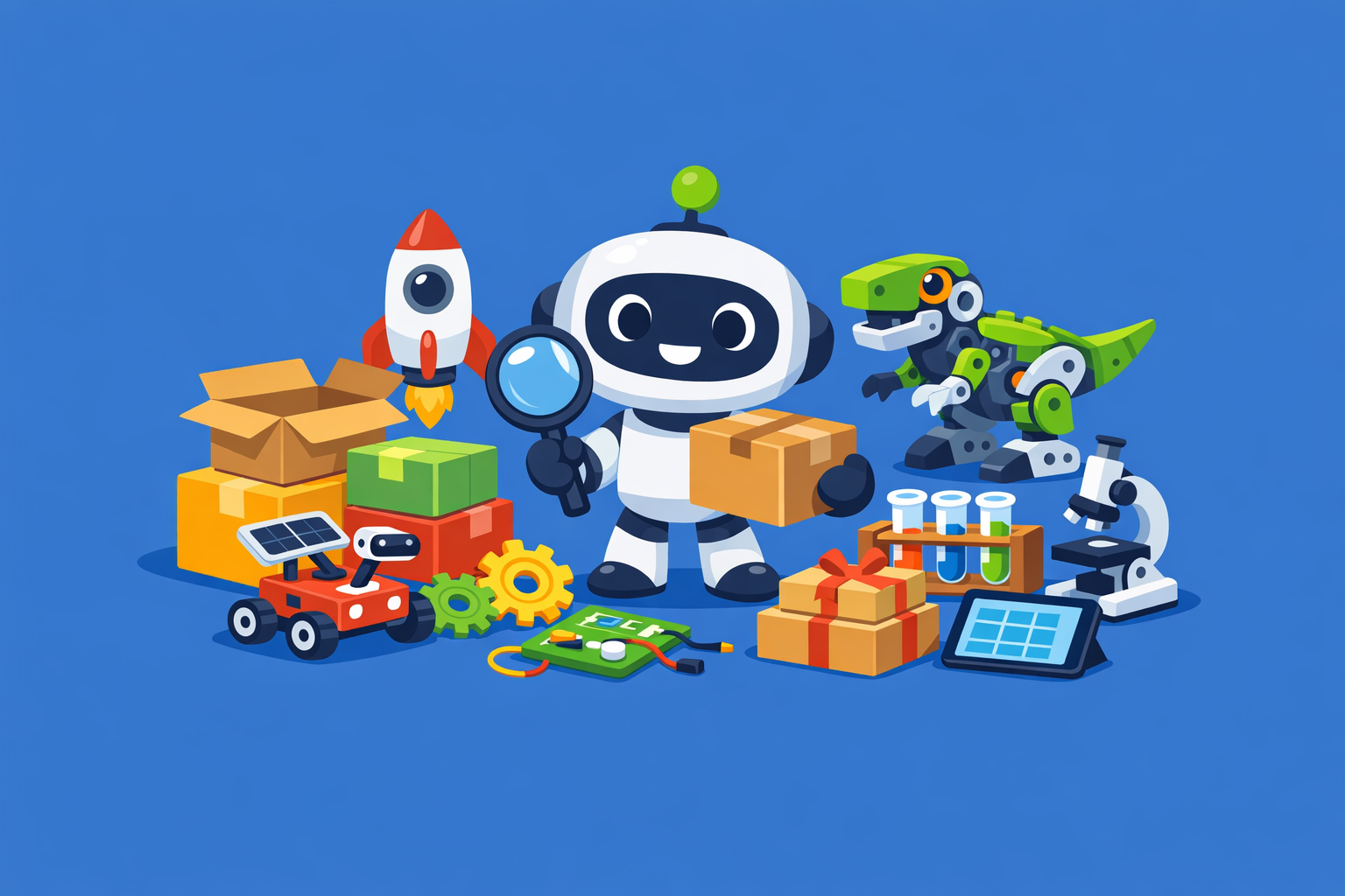 A cartoon robot holding a magnifying glass and box is surrounded by STEM toys, including a rocket, dinosaur, microscope, test tubes, and gadgets on a blue background—perfect inspiration for kids' subscription boxes.