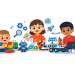 Three children enjoy STEM play with building blocks, a robot, science lab equipment, a tablet, and a solar-powered car—sparking skill milestones against a plain background.