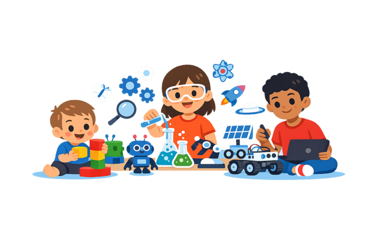 Three children enjoy STEM play with building blocks, a robot, science lab equipment, a tablet, and a solar-powered car—sparking skill milestones against a plain background.