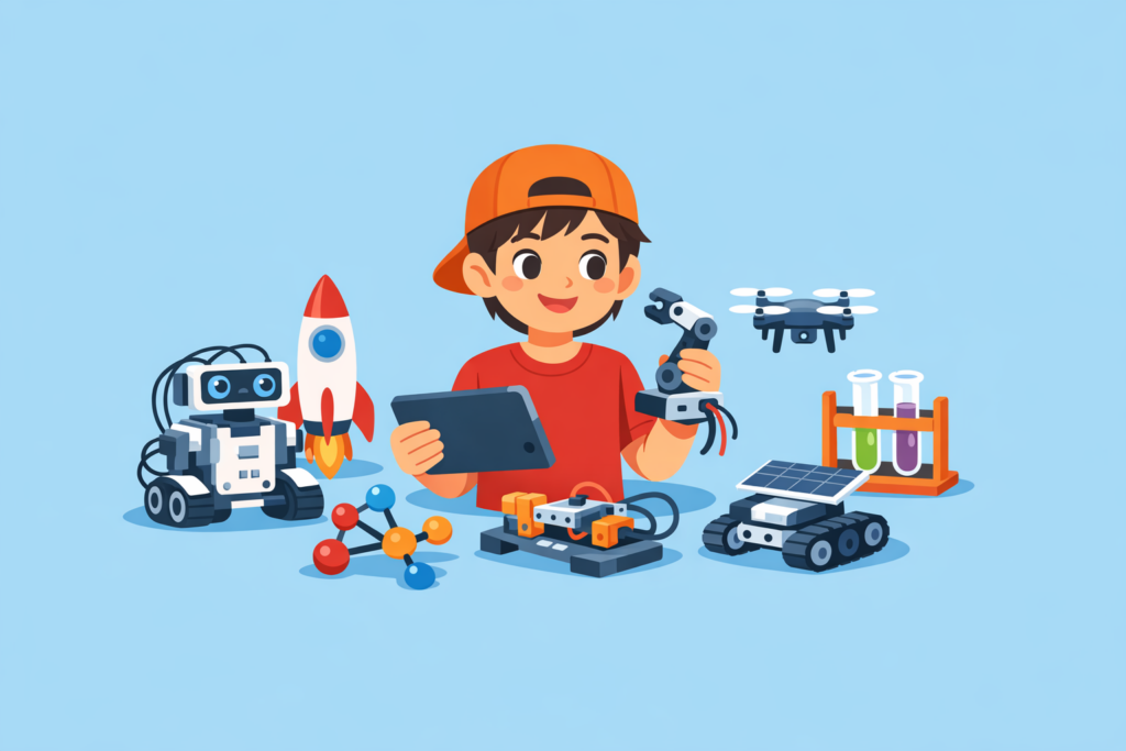 A middle school child in a red shirt and cap uses a tablet, surrounded by STEM toys—including a rocket, robot, test tubes, drone, solar car, and molecule model—perfect for ages 11-14.