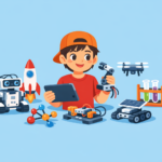 A middle school child in a red shirt and cap uses a tablet, surrounded by STEM toys—including a rocket, robot, test tubes, drone, solar car, and molecule model—perfect for ages 11-14.