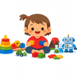 A child sits on the floor playing with colorful building blocks and various STEM toys, including a robot, car, stacking rings, and science beakers—perfect for curious preschoolers.