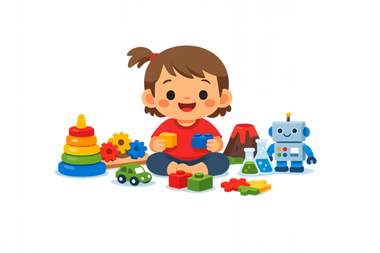 A child sits on the floor playing with colorful building blocks and various STEM toys, including a robot, car, stacking rings, and science beakers—perfect for curious preschoolers.