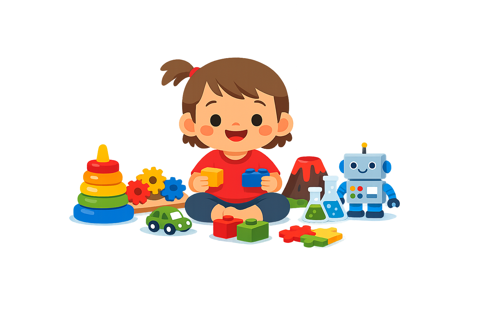 A child sits on the floor playing with colorful building blocks and various STEM toys, including a robot, car, stacking rings, and science beakers—perfect for curious preschoolers.