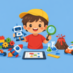 A child wearing a yellow cap holds a toy robot and magnifying glass, surrounded by STEM toys, a tablet, and a toy volcano—sparking curiosity in early elementary explorers against a blue background.
