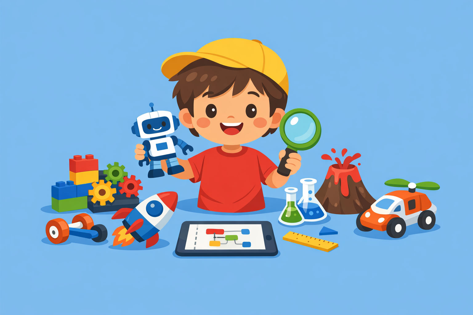 A child wearing a yellow cap holds a toy robot and magnifying glass, surrounded by STEM toys, a tablet, and a toy volcano—sparking curiosity in early elementary explorers against a blue background.