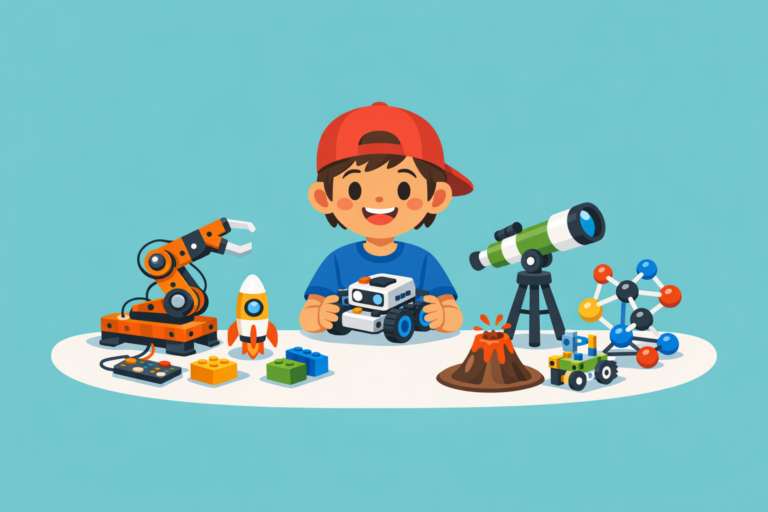 A smiling child in a red cap sits at a table with STEM toys perfect for ages 8–10, including a robot, telescope, building blocks, volcano model, and molecule structure.