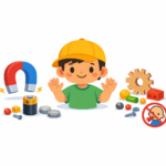 Illustration of a child in a yellow hat surrounded by STEM toys like a magnet, battery, and gears, with a warning sign highlighting magnet safety and battery safety—no small parts for kids.