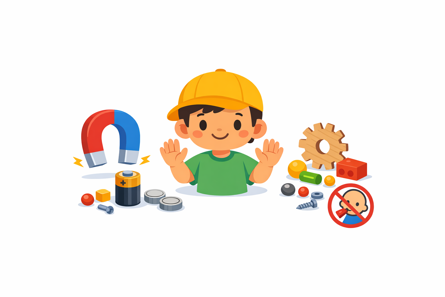 Illustration of a child in a yellow hat surrounded by STEM toys like a magnet, battery, and gears, with a warning sign highlighting magnet safety and battery safety—no small parts for kids.