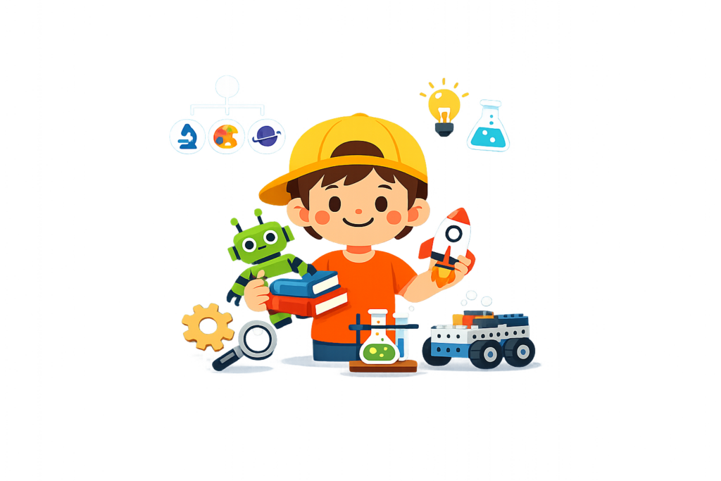 Illustration of a smiling boy wearing a yellow cap holding books, a robot, and a toy rocket, surrounded by science and technology-themed objects—perfect for exploring the best STEM kits and age-based buying guides.