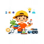 Illustration of a smiling boy wearing a yellow cap holding books, a robot, and a toy rocket, surrounded by science and technology-themed objects—perfect for exploring the best STEM kits and age-based buying guides.
