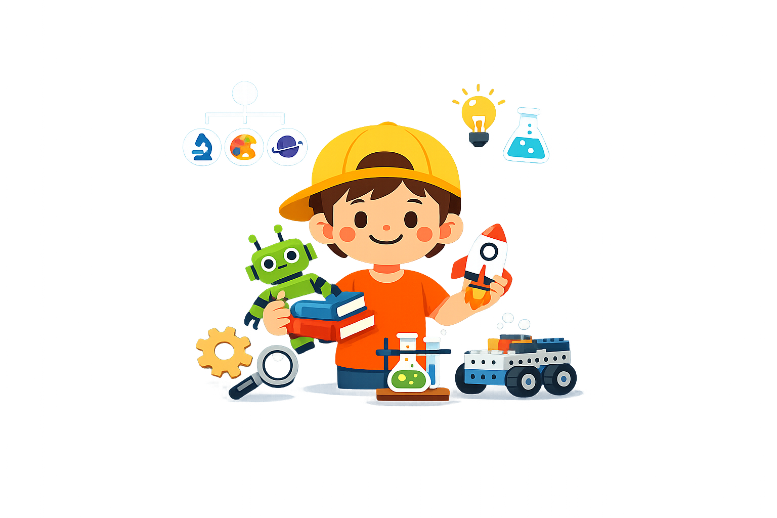 Illustration of a smiling boy wearing a yellow cap holding books, a robot, and a toy rocket, surrounded by science and technology-themed objects—perfect for exploring the best STEM kits and age-based buying guides.