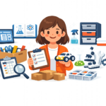 A person holds a clipboard and a toy car, surrounded by science equipment, office supplies, boxes, and checklists on a desk—showcasing organization and STEM activities with essential classroom resources.