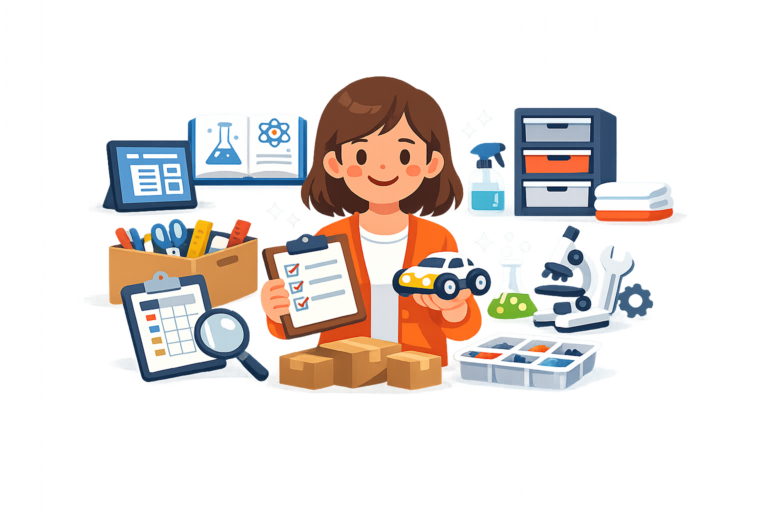 A person holds a clipboard and a toy car, surrounded by science equipment, office supplies, boxes, and checklists on a desk—showcasing organization and STEM activities with essential classroom resources.