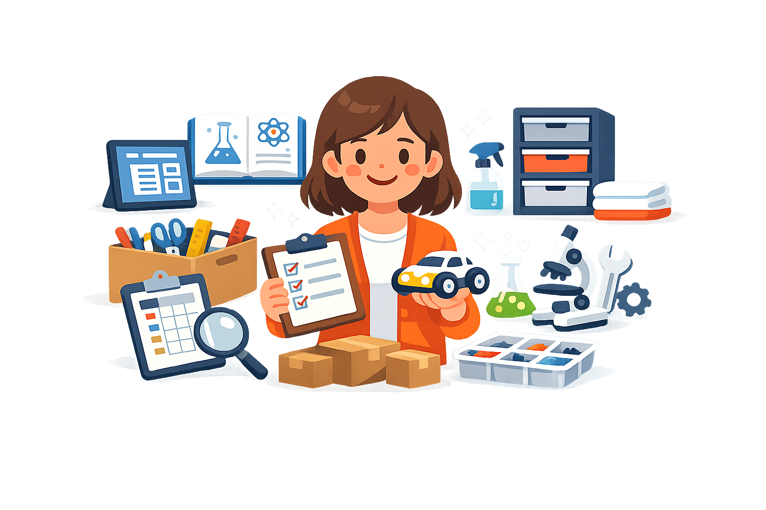 A person holds a clipboard and a toy car, surrounded by science equipment, office supplies, boxes, and checklists on a desk—showcasing organization and STEM activities with essential classroom resources.