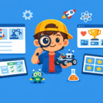 A child wearing a yellow cap holds a toy car and magnifying glass, surrounded by screens featuring checklists, trophies, stars, science-themed icons, Reviews, and handy Comparison Tools on a blue background.