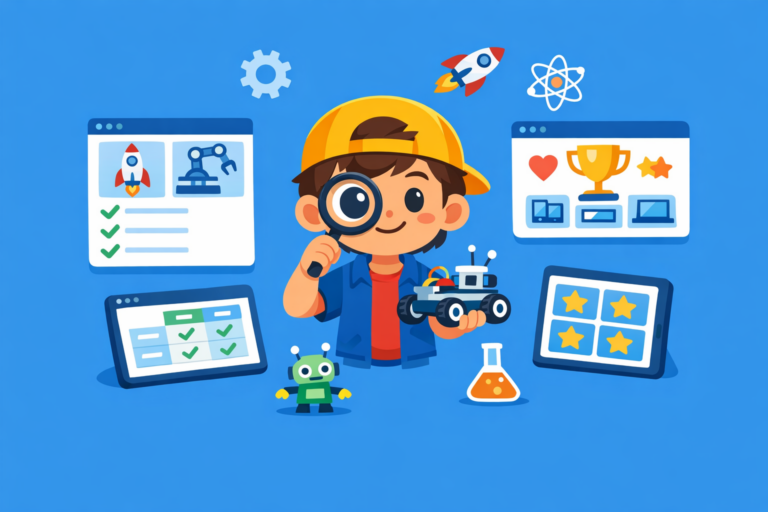 A child wearing a yellow cap holds a toy car and magnifying glass, surrounded by screens featuring checklists, trophies, stars, science-themed icons, Reviews, and handy Comparison Tools on a blue background.