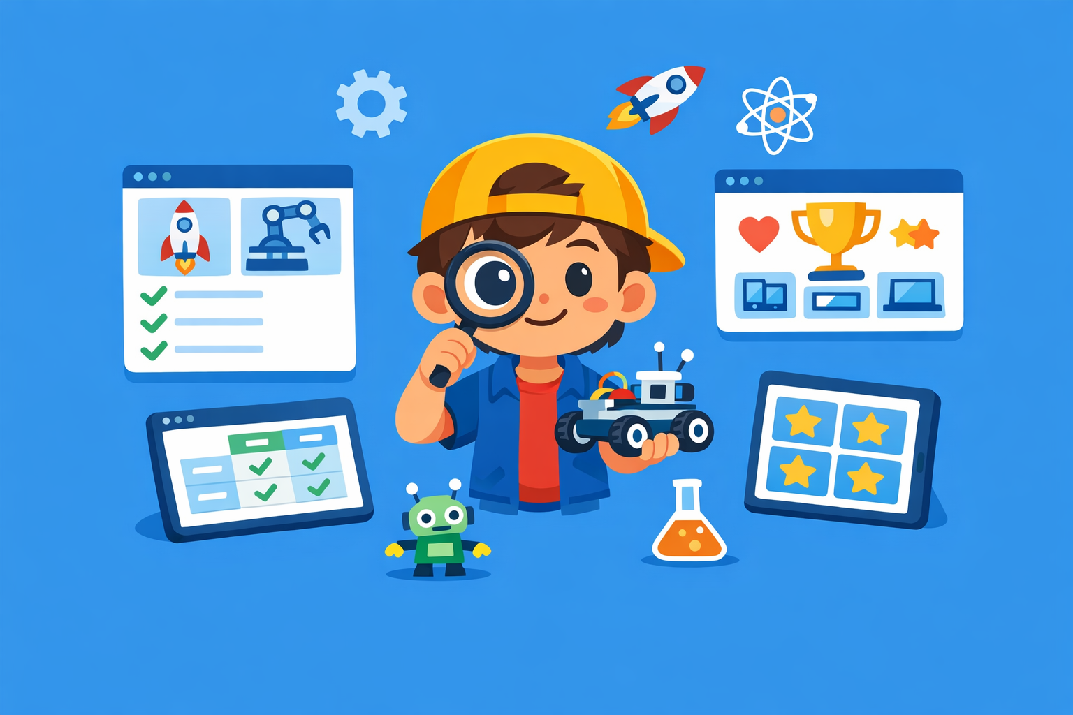 A child wearing a yellow cap holds a toy car and magnifying glass, surrounded by screens featuring checklists, trophies, stars, science-themed icons, Reviews, and handy Comparison Tools on a blue background.
