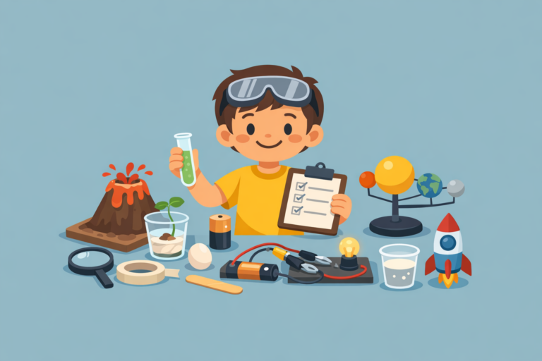 Child wearing goggles holds a clipboard and test tube, surrounded by low cost science fair projects like a volcano model, batteries, a lightbulb, a magnifying glass, and a small rocket.