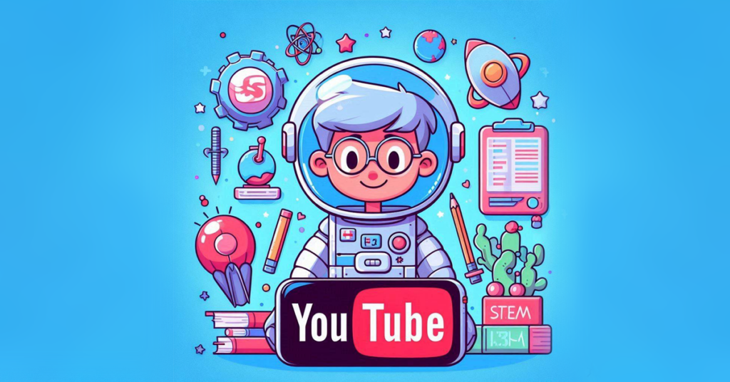Cartoon of a child in a spacesuit, exploring STEM-related icons, alongside a YouTube logo representing top educational shows for kids. Nearby float a cactus, a stopwatch, and a planet, all set against a vibrant blue background.